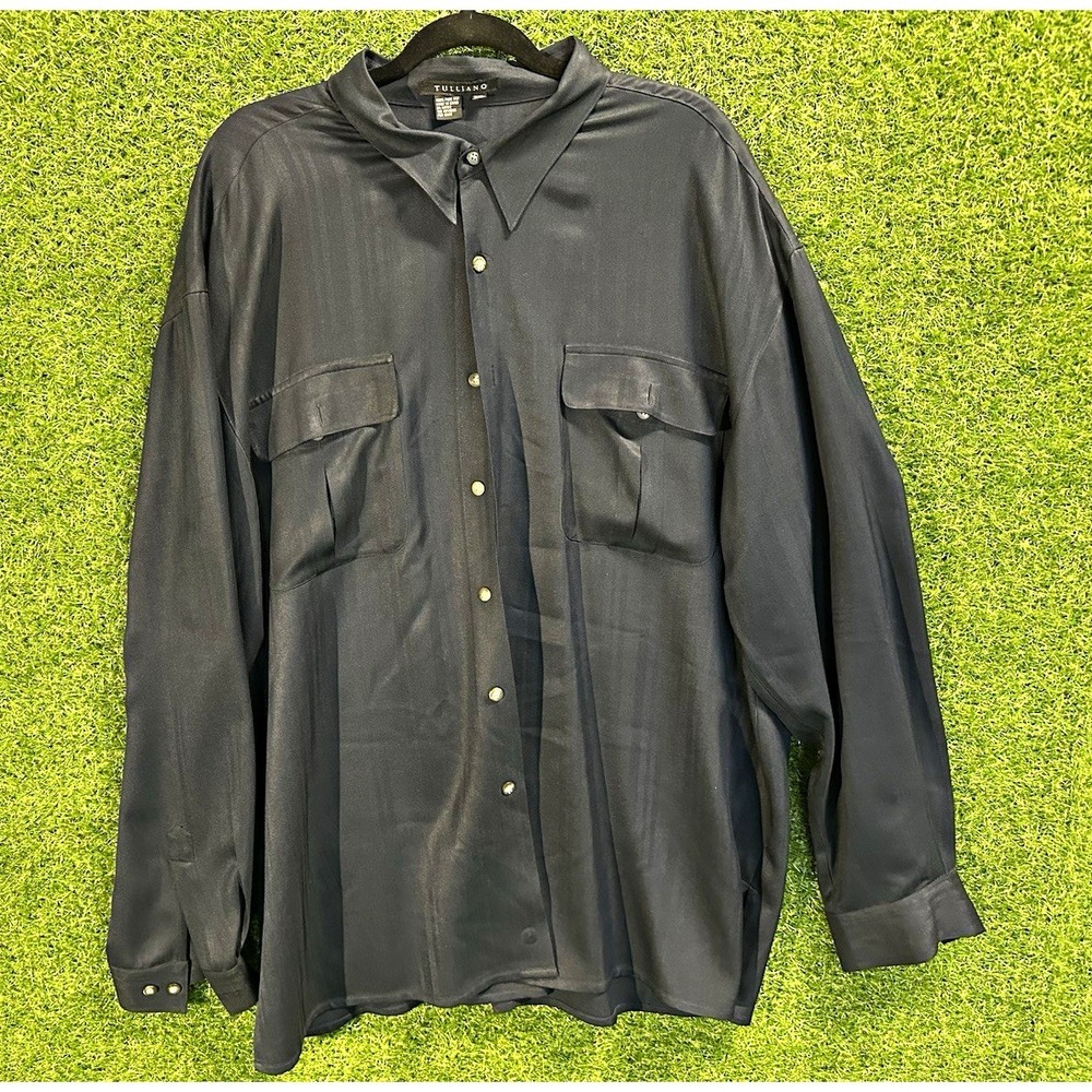 Tulliano Pure Silk Woven Solid Blue Long Sleeve Button-Up Shirt Pockets Mens 2XL